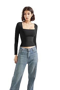 SUUKSESS Women Square Neck Long Sleeve Tops Double Lined